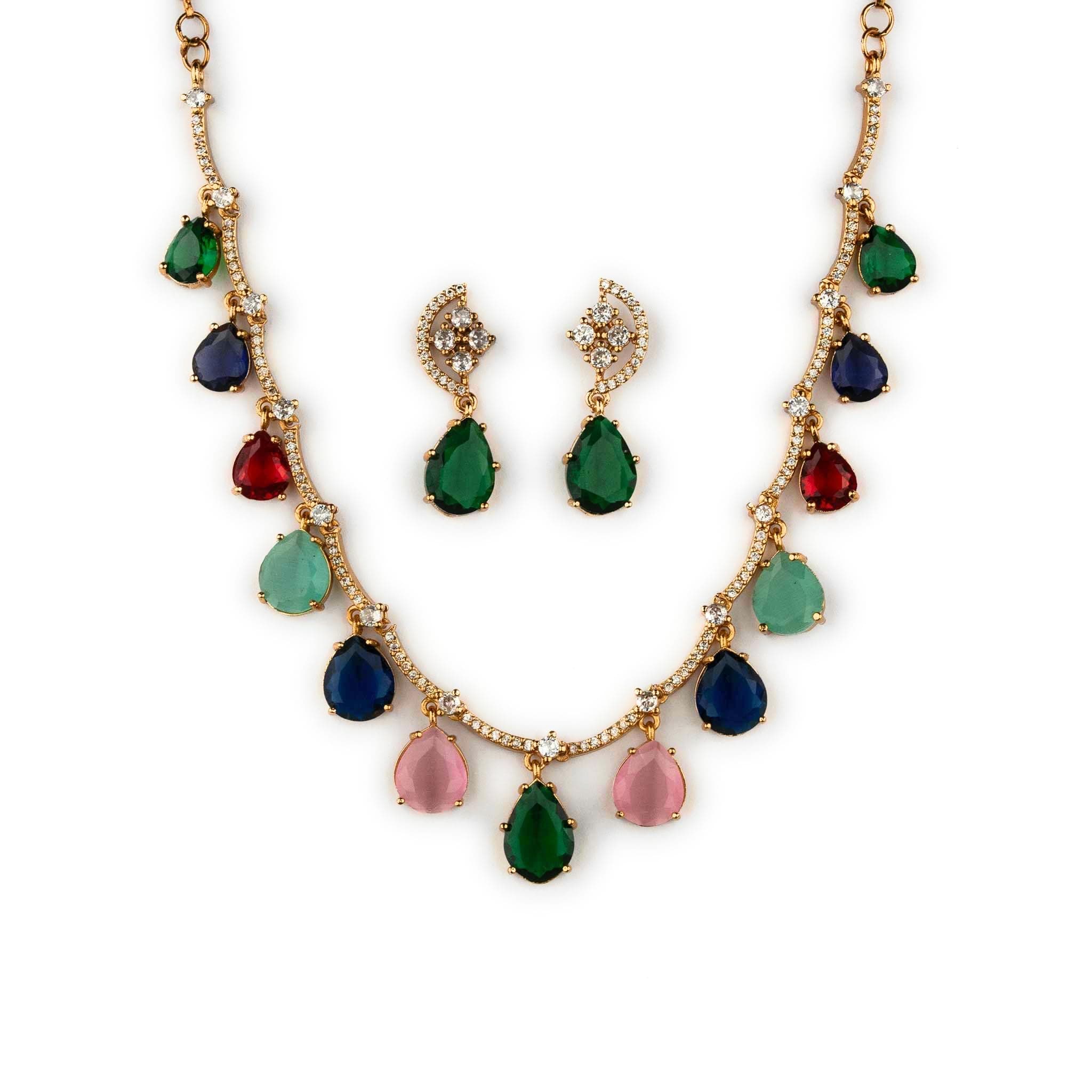 Sasitrends American Diamond Matte Gold Plated Necklace Jewellery Set