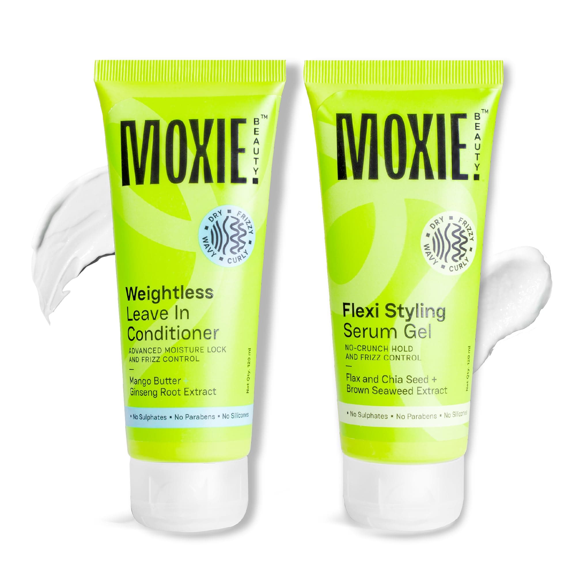 Moxie Beauty Wavy Vibe Setter Duo for Women & Men | Live In Conditioner + Frizz Fighting Serum Gel for Wavy, Frizzy & Dry Hair | Hydrating Live-In for Soft, Bouncy Waves | Retains 94% Moisture, Controls Frizz | Weightless Leave-In Conditioner (120ml) & Flexi Styling Gel (120ml)