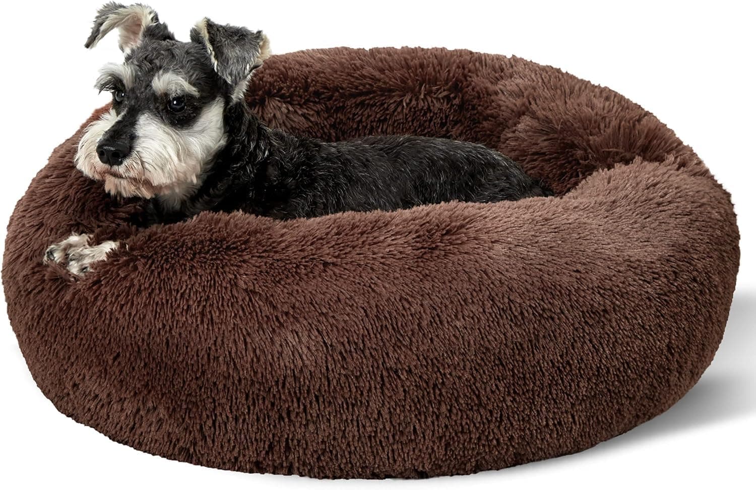 AMICA Calming Dog Bed for Medium Dogs - Donut Washable Medium Pet Bed, 30 inches Anti-Slip Round Fluffy Plush Faux Fur Cat Bed (Brown, M)
