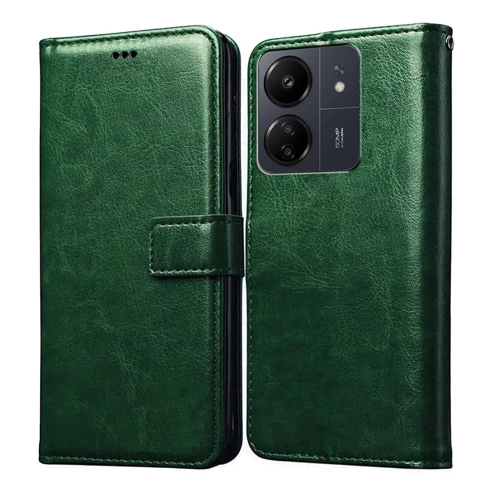 Amazon Brand - Solimo Flip Leather Mobile Cover (Soft, Flexible & Kickstand Back case) Compatible for Mi Redmi 13C 4G / Poco C65 4G (Green)
