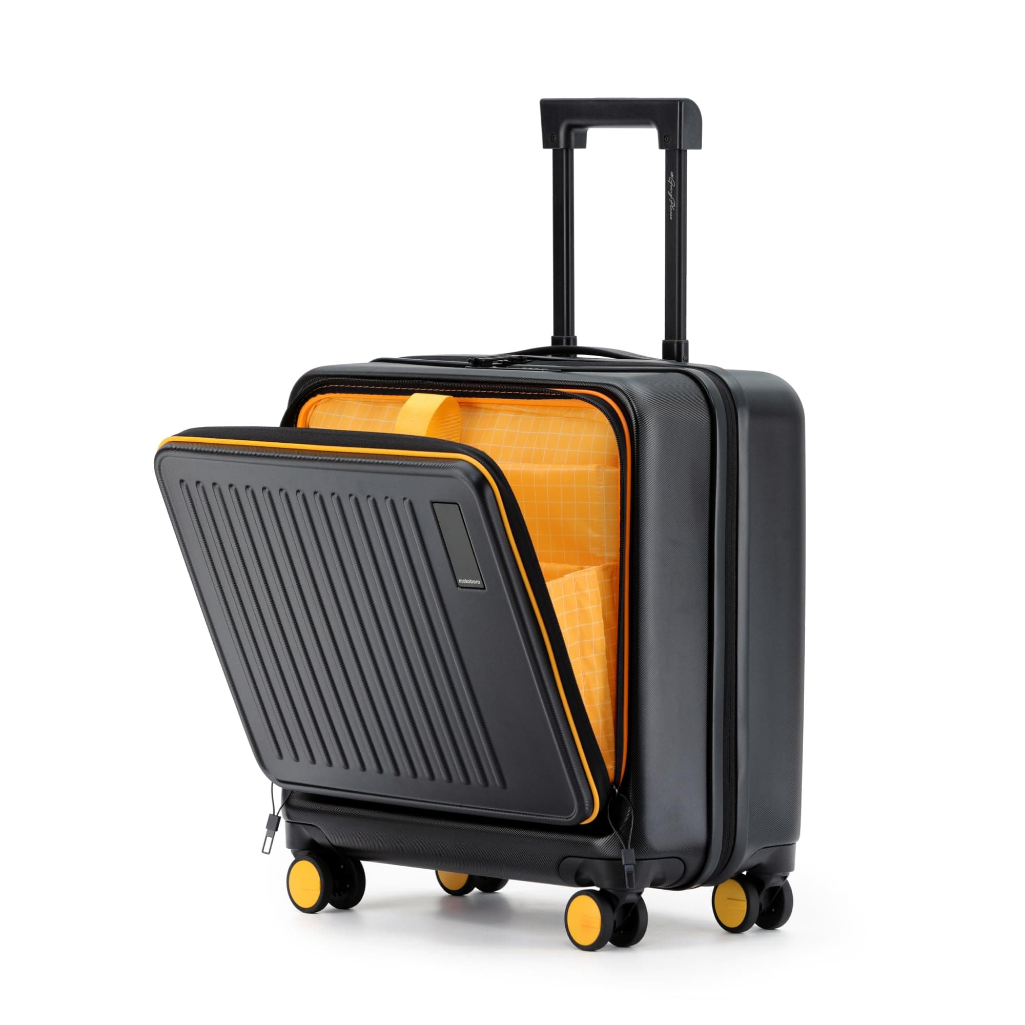 MOKOBARA Transit Cabin Overnighter Luggage Trolley Bag-45cm(44L),Polycarbonate Hardshell,Tech Compartment Fits 15.6" Laptop,TSA Lock,8 Silent Wheels,for 2 Day Trip,Black&Yellow(Money Moves Sunray)
