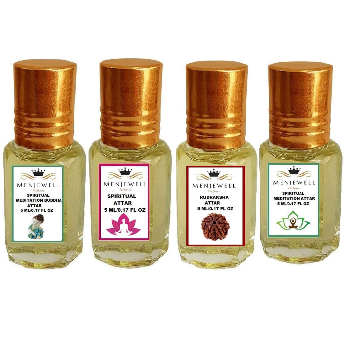 Menjewell Spiritual Rudraksha Mdditation Buddha Perfume for Mens | Natural Long-Lasting Fragrance Scent | Unisex Alcohol-Free Roll-On Aromatic Attar Ideal for Daily Use and Gifting, 20ML (Pack of 4)