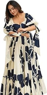 Modestouze Attires Women's Floral Pattern Rayon Blend Maxi Dress with Sweetheart Neck Half Puff Sleeve Floor Length and Zipper Closure Type | Maxi Dress for Women Stylish | Dress for Women