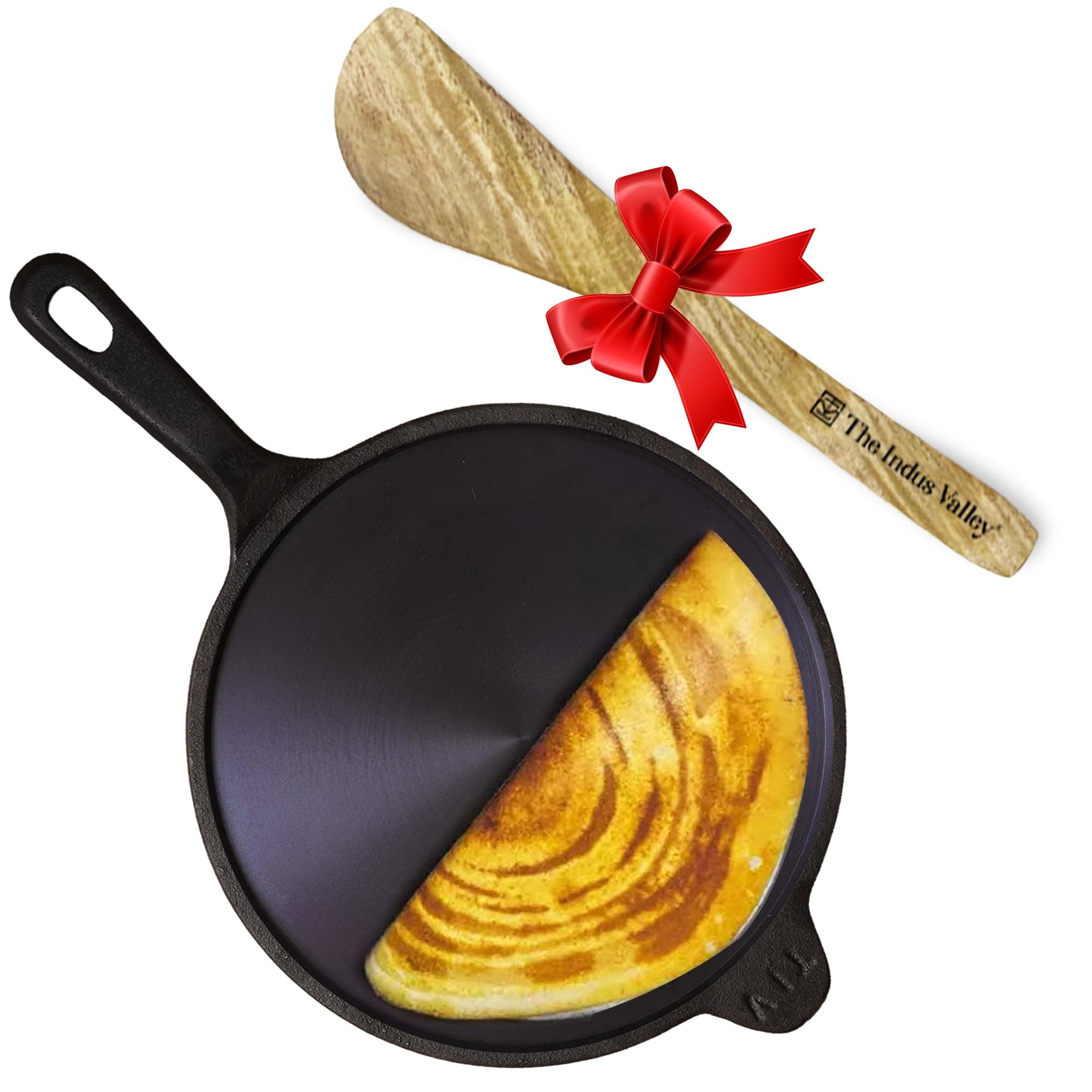 The Indus Valley Super Smooth Cast Iron Tawa with Free Wooden Spatula for Dosa/Chapathi | 25.4cm/10 inch, 1.8kg | Induction Friendly | Naturally Nonstick, 100% Pure & Toxin-Free, No Chemical Coating