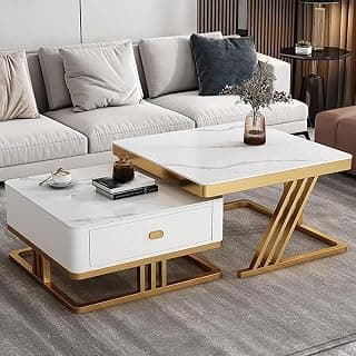 RIZIK Stores™ Iron Frame Handmade Drawer Square Coffee Table/Nesting Table/Side Table/Center Table with Engineered Wood Top for Living Room/Drawing Room/Balcony (White Gold, 20"x20")