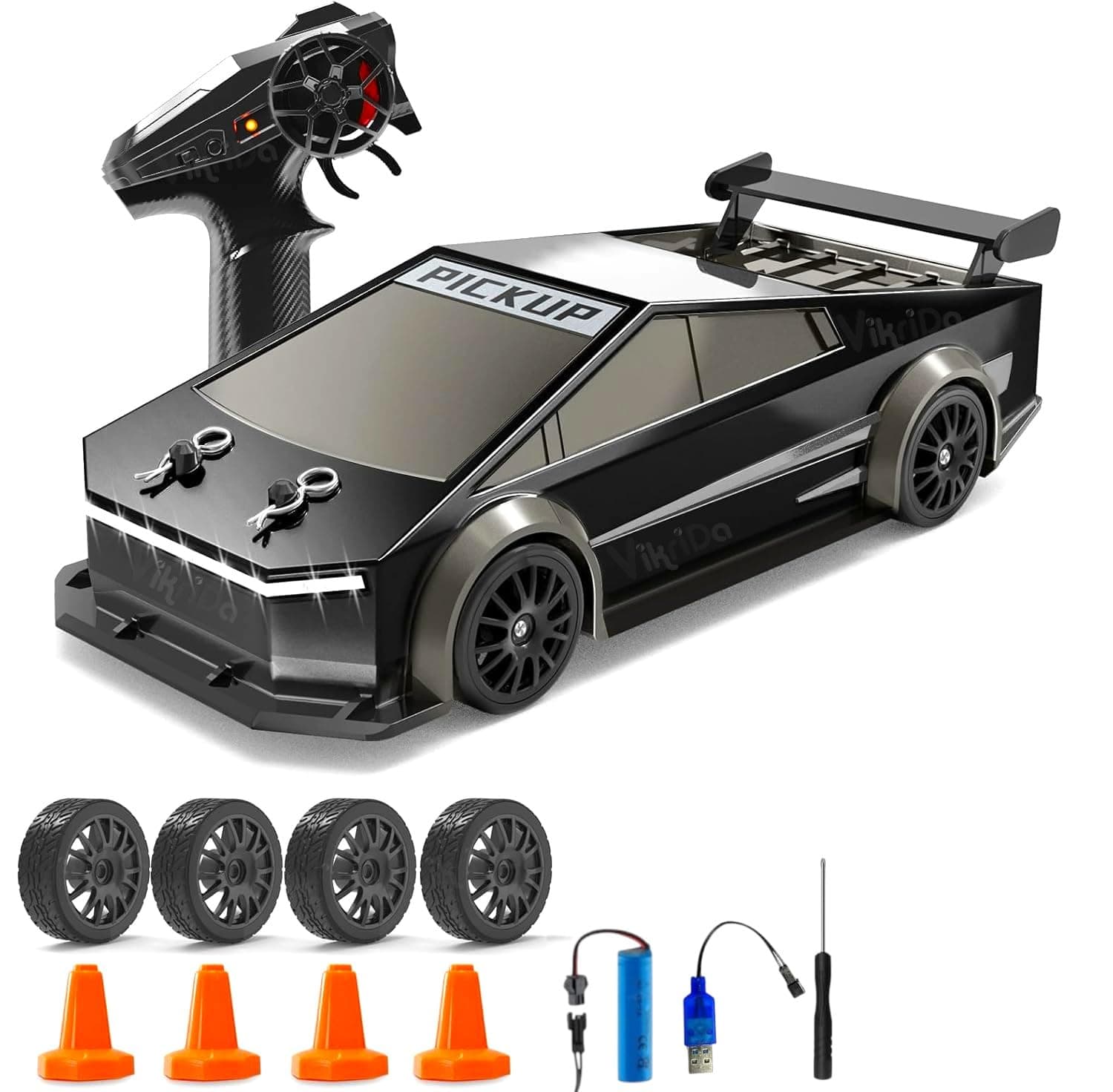 VikriDA 1:24 Scale RC Drift Car - 4WD High-Speed RC Racing Car with LED Lights, 2.4GHz Controller, One Rechargeable Batteries & Drifting Tires - Black