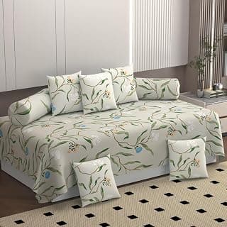 Diwan Set Bedsheet | Printed Diwan Bedsheet Sets 100% Microfibe for Living Room Hall | Printed Diwan Set of 8 Pieces | 1 Single Bed Sheet with 5 Cushion,2 Bolster Covers (White)