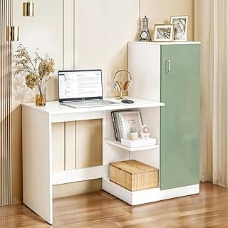 ABOUT SPACE Study Table with Cabinet - Computer Table with Bottom Storage Space DIY Engineered Wood Office Desk with Adjustable Shelves for PC Laptop Gaming (White, Green-L 124 x B 44 x H 121.5 cm)