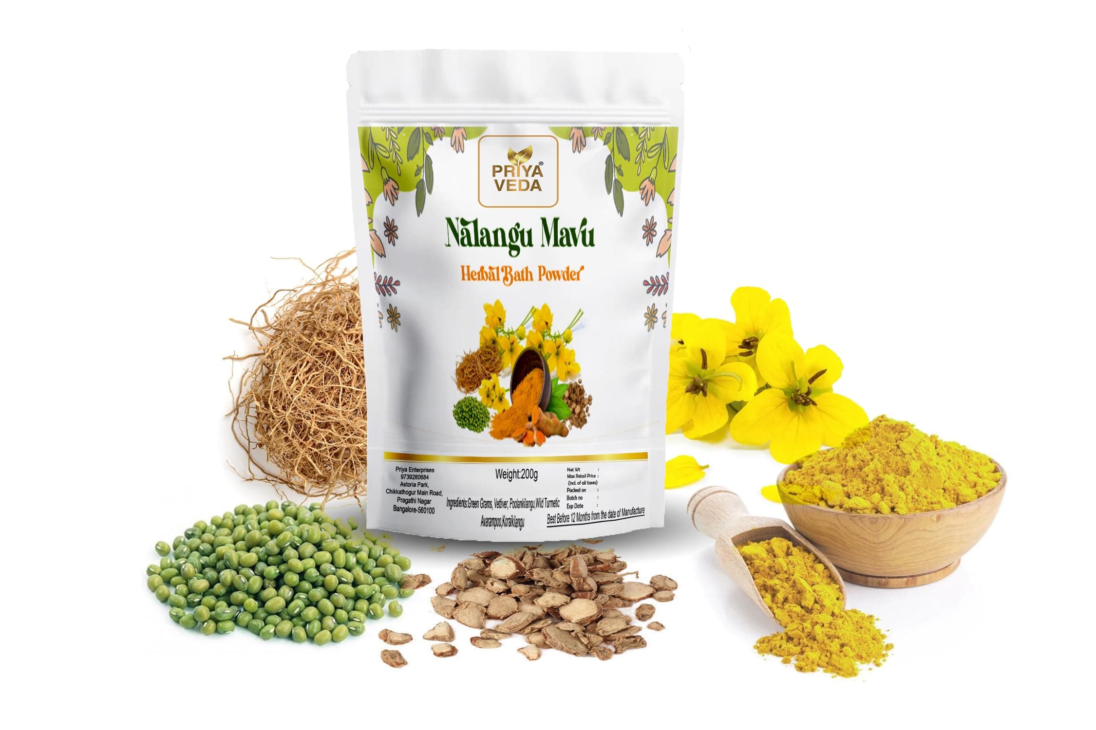 Priya Veda Herbal Bath powder Nalungu Maavu Sunnipindi UBTAN Bath Powder For Skin 200g