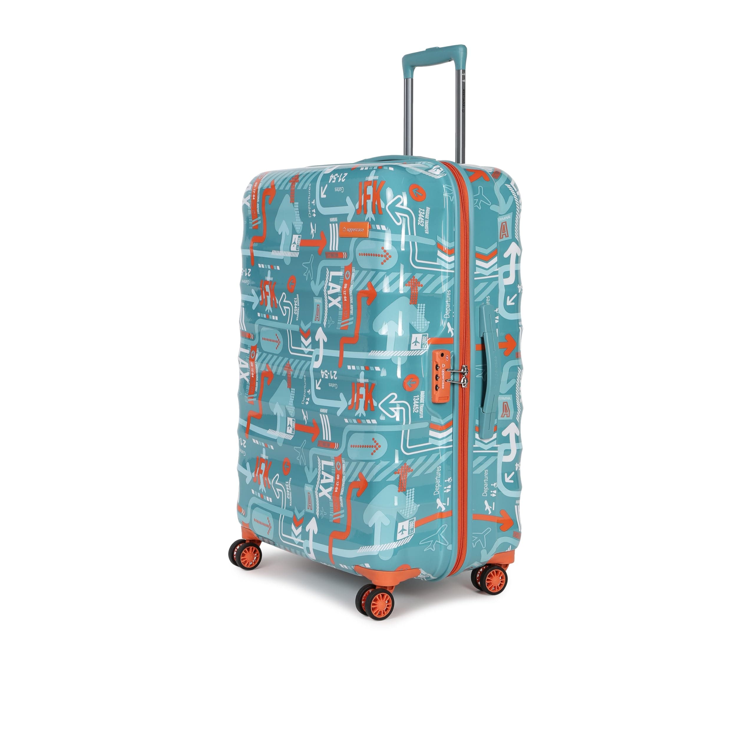 uppercase Jfk Plus (Large) 56Cms, Sustainable Check-In Trolley Bag, Hardsided Printed Luggage, Combination Lock, 8 Wheel Suitcase For Men & Women, 2000 Days Warranty (Teal Blue, Polyester, Spinner)