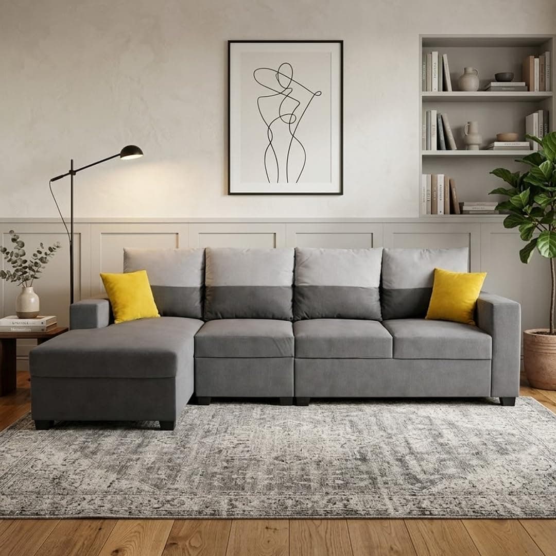 FURNY Tokyo 6 Seater Fabric LHS L Shape Sofa Set (Dark Grey) | Premium Velvet Finish | Durable Comfort | Ideal for Living Room