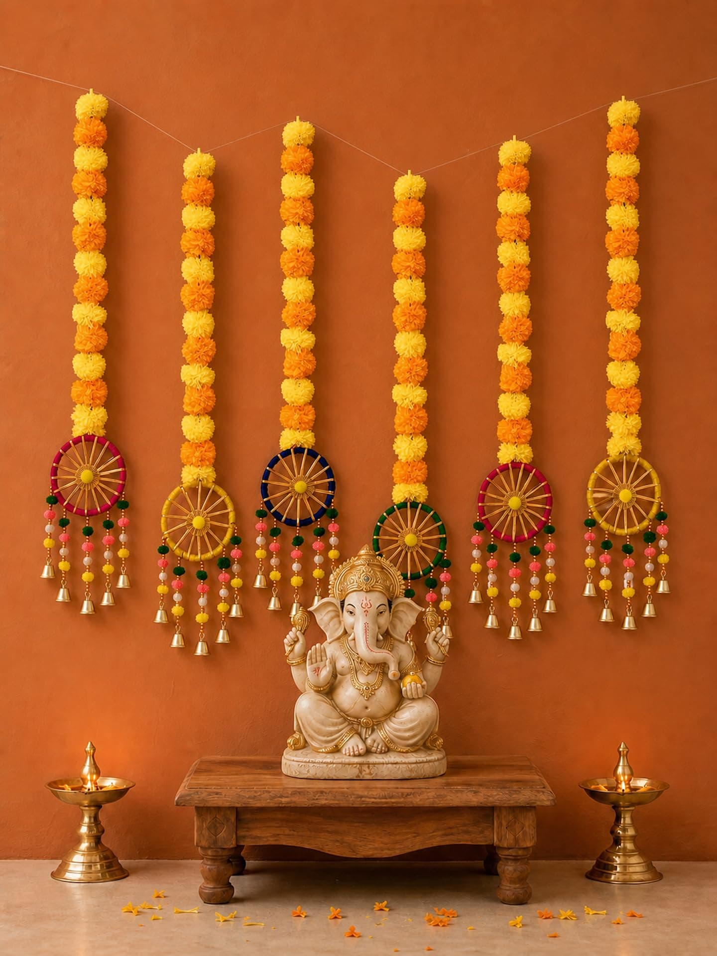 JH Gallery Marigold Latkan Toran, Plastic, Multicolour, 38 Inch, Pack of 6 | Diwali decoration for home and main door - artificial genda phool garland for pooja backdrop, Navratri and Dussehra