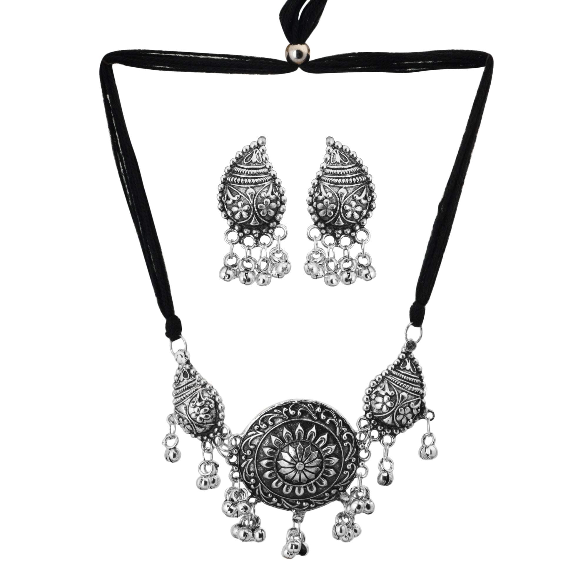Shreyadzines Exclusive German Silver Oxidized Traditional Latest Fashion Choker Necklace with Earrings Jewellery Set for Women