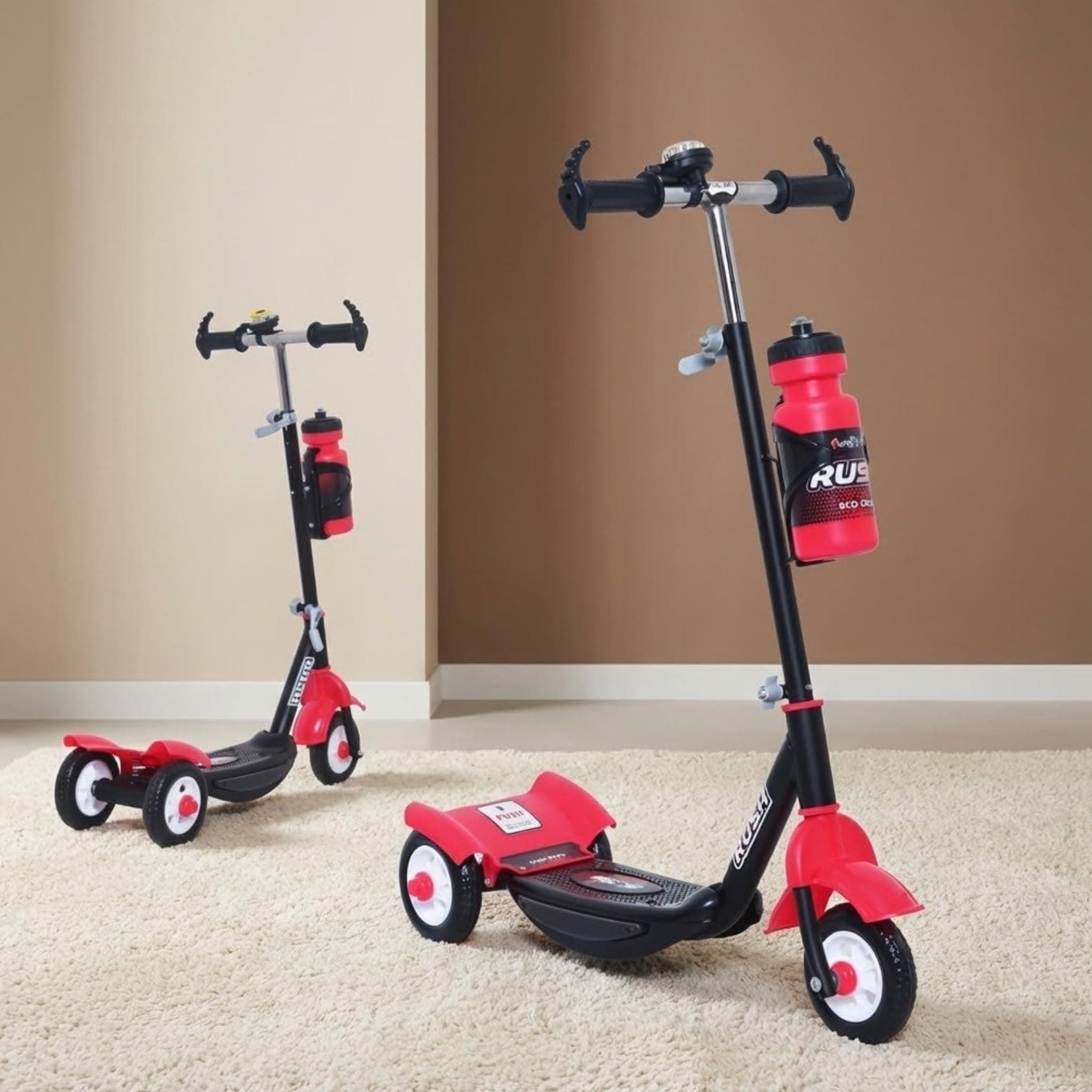 Fun Ride Funride Kids Scooter, Rush Three Wheel Kick Scooters for Boys & Girls with Sipper, Bell, Adjustable Height & Rear Brake, 3 Wheels Skate for Age 3-10 Years (Red)