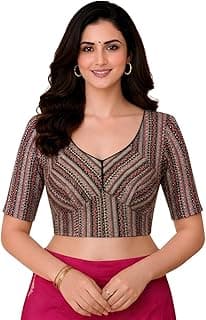 Amazon Brand - Anarva Women's Kalamkari Stretchable Readymade Cotton Ajrakh Printed Saree Blouse
