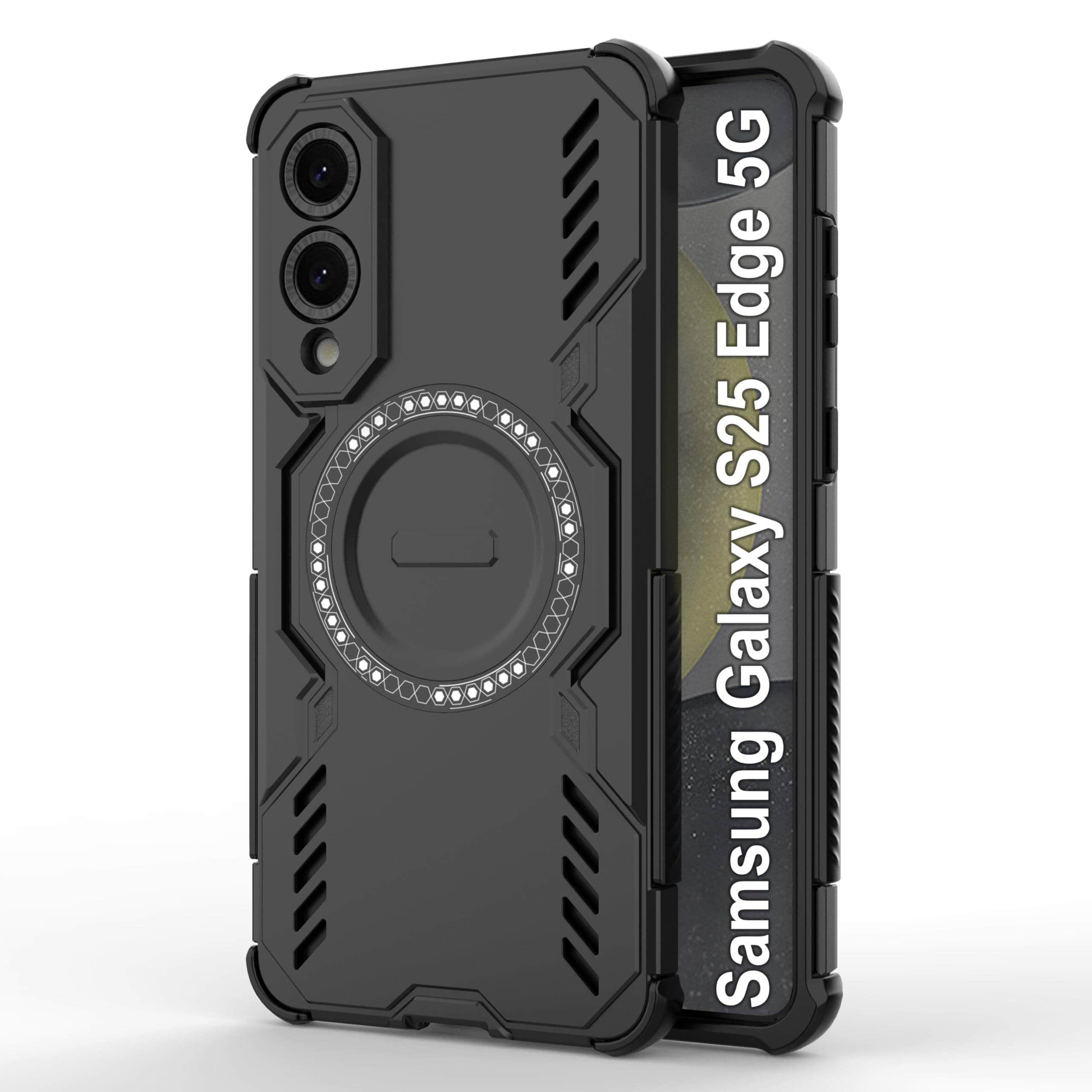 amazon basics Back Case Cover for Samsung Galaxy S25 Edge 5G | Magnetic Case with Built-in Metal Ring | Supports Mag-Safe Charger, Wallet & Car Mount | Shockproof Hybrid PC + TPU | Black