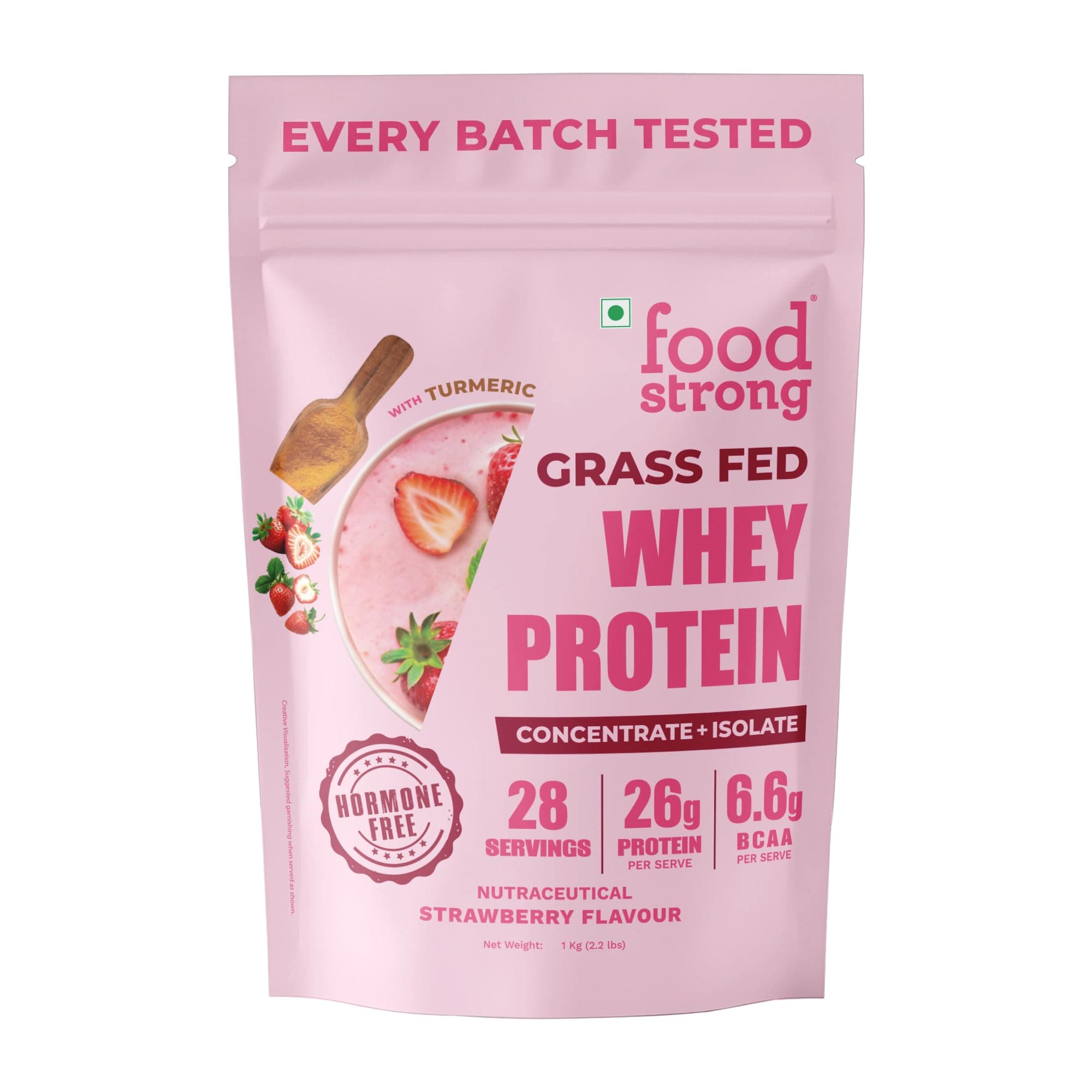 Foodstrong Whey Protein Powder (Concentrate + Isolate), 100% Hormone Free Grass-Fed Whey, 26G Protein & 6.6G BCAA, Strawberry, With Turmeric & Digestive Enzymes, 1KG