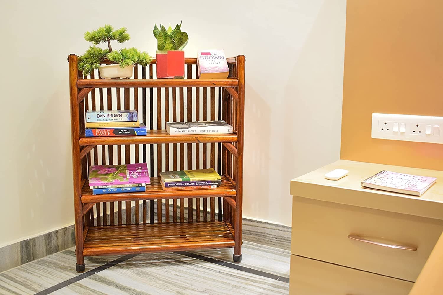 CANE CRAFTS Wooden Shelf Bamboo 4-Tier Kitchen Organizer Shoes &Slippers Rack Books Shelves Planter Stand (4 Shelf)