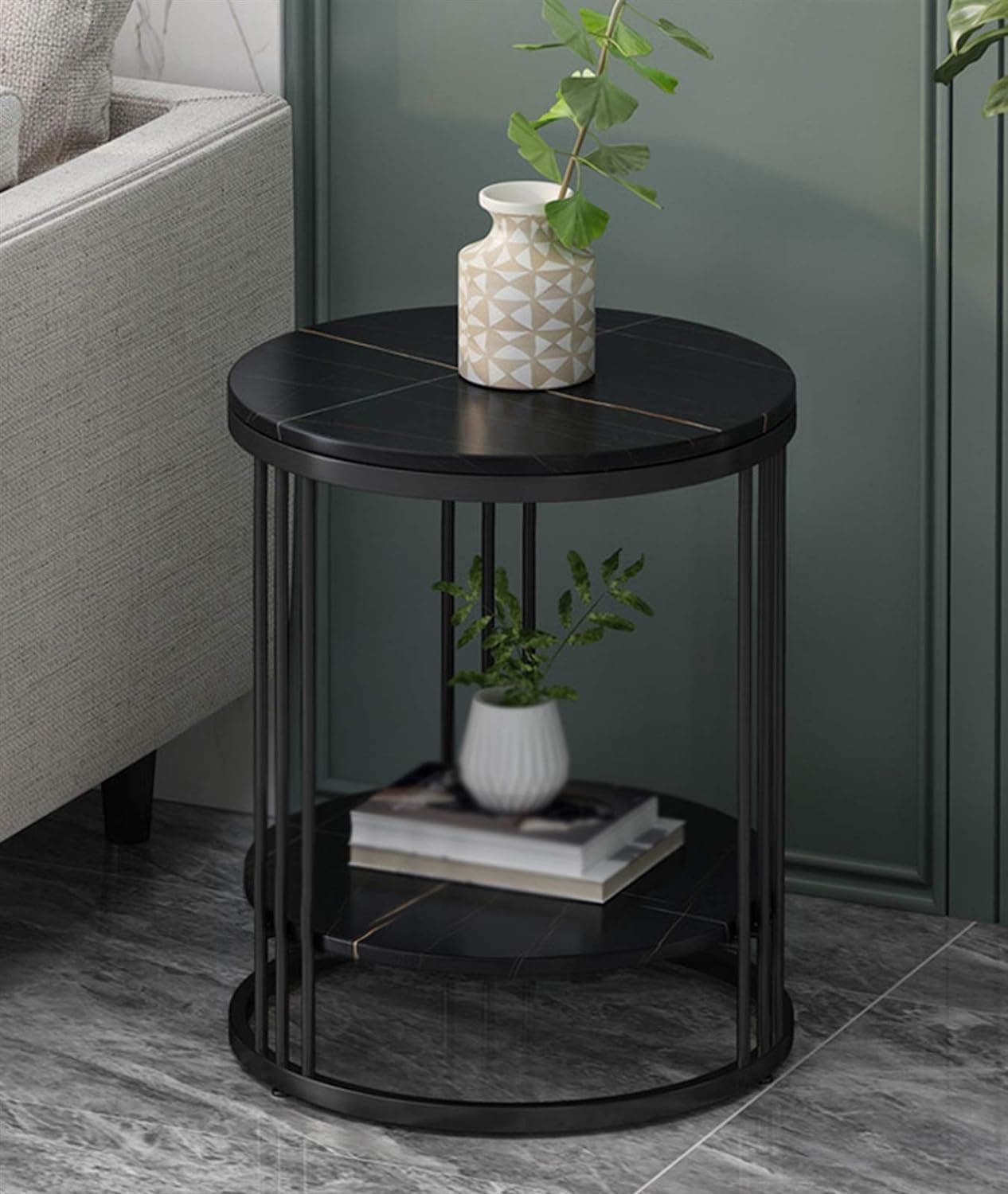 NEST NATURE HAVEN Round Side Table Corner End Table for Living Room Bedside Mid Century Modern Coffee Table or Circle Accent Table for Small Spaces Metal Nightstand (Full Black)