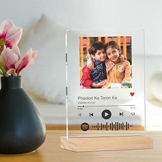 Giftplease Customized Spotify Photo Frame with Scannable Song Code | Personalized Acrylic Plaque with Wooden Stand | Raksha Bandhan Rakhi Gift for Brother, Sister, Bhai, Behan |Transparent 6 x 9 Inch
