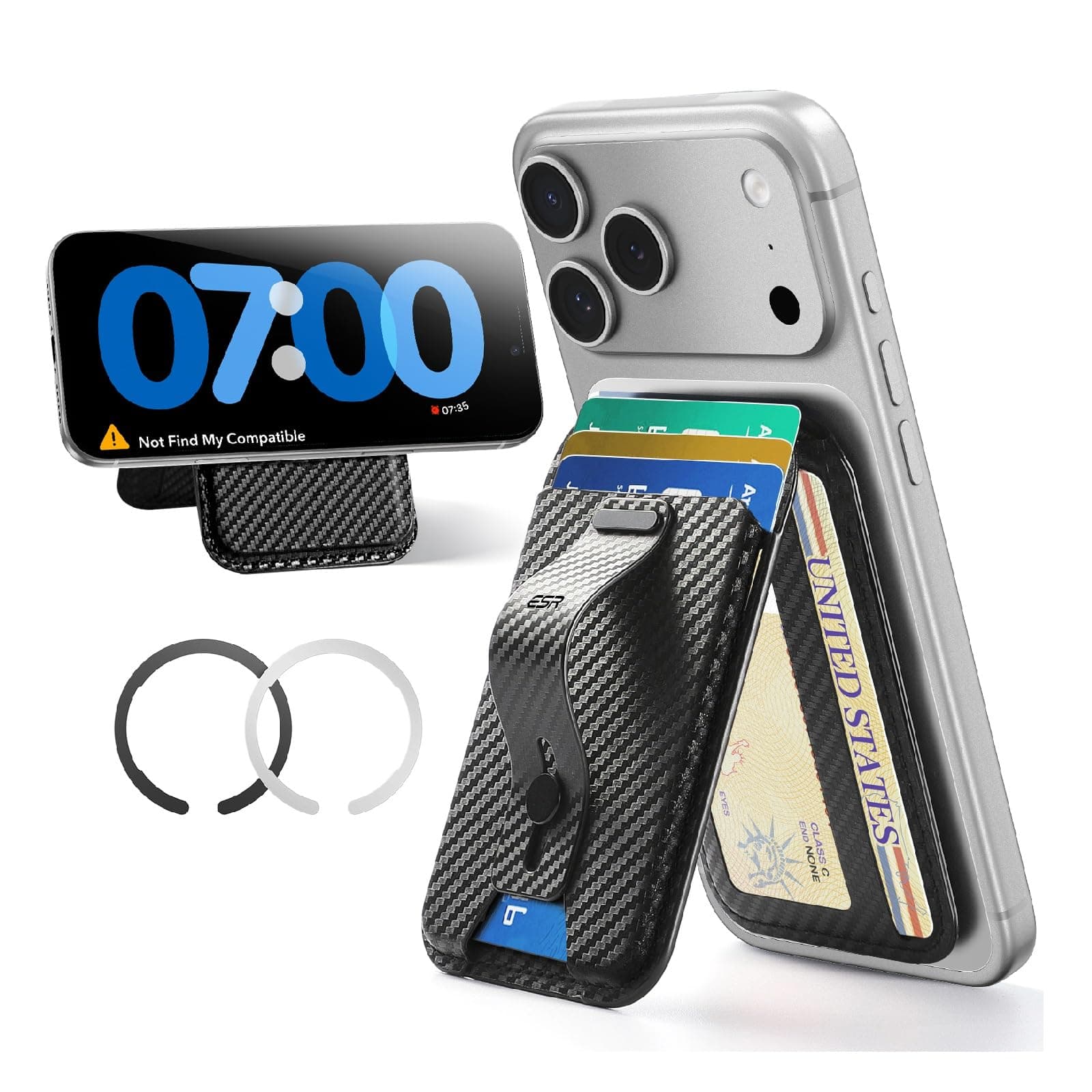 ESR Upgraded for MagSafe Wallet,5 Card Holder with Adjustable Stand,RFID-Blocking,Secure Grip,Wallet for iPhone 17e/17/16/15/14/13/12,Google Pixel 10 Samsung,Notfor Mini,Not Find My,Black Carbon Fiber