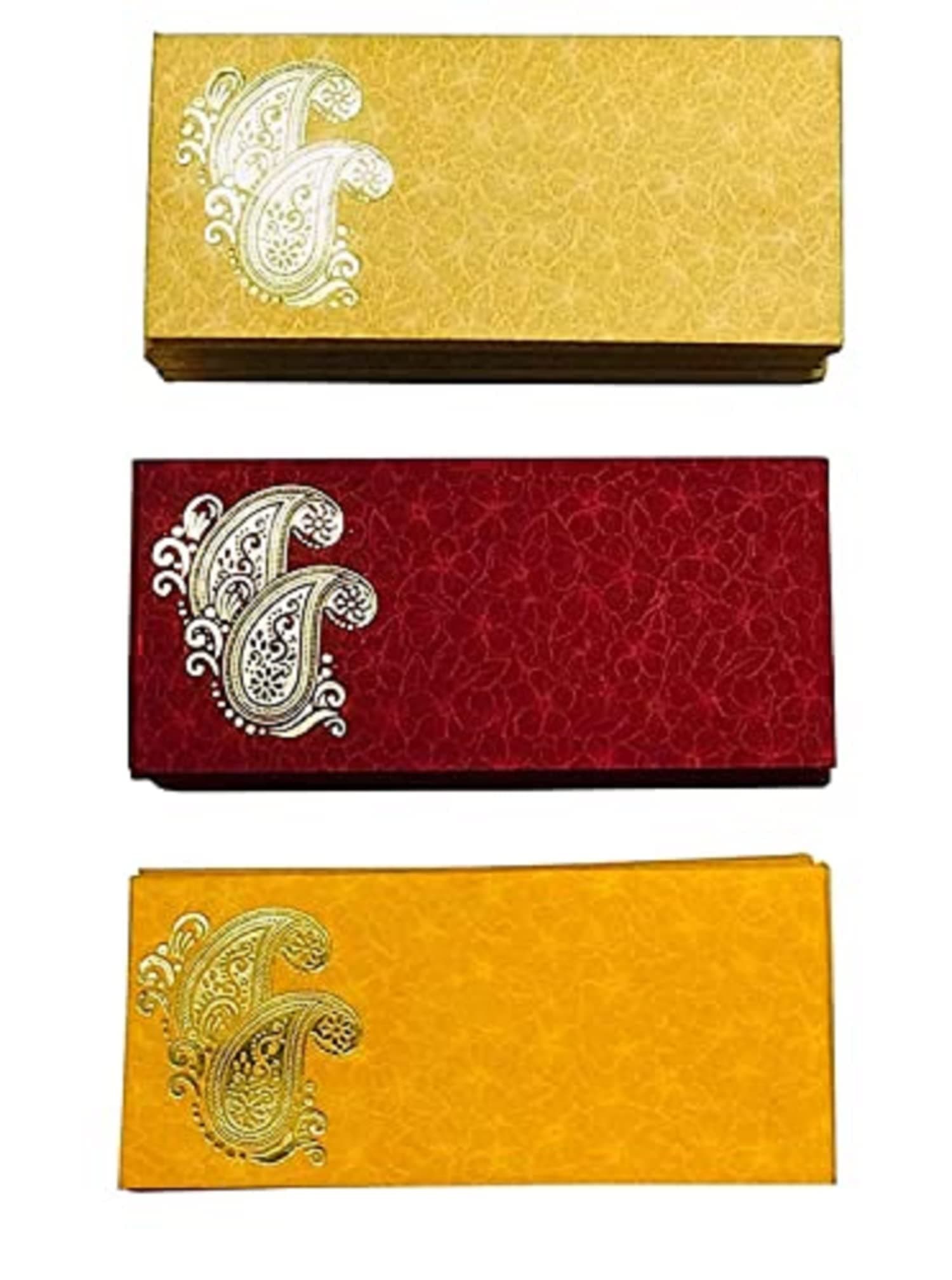 Peeplvalue 150 Pcs Designer Money Envelope Metallic Paper Printed Envelopes for Wedding, Baby Shower, Anniversary, Festival (50 Pcs Beige,50 Pcs Maroon and 50 Pcs Musturd Yellow)