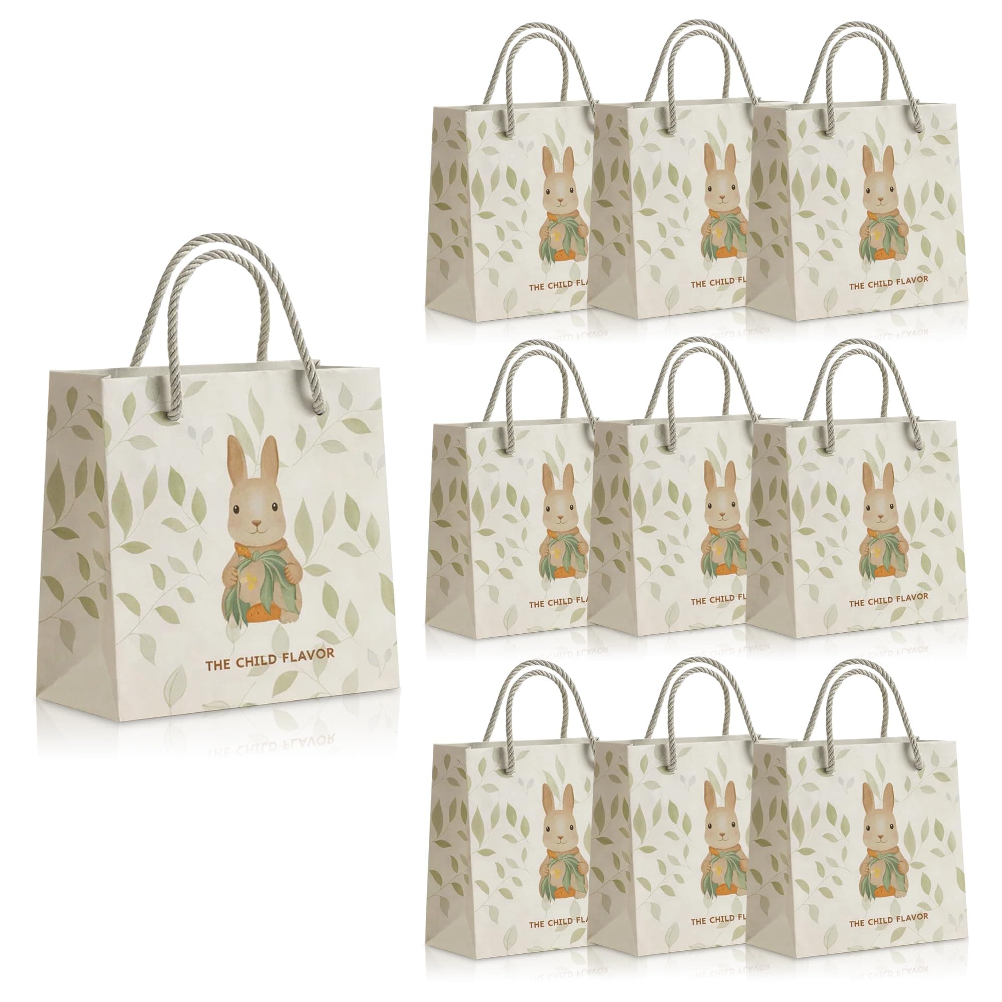 GLUN® Designer Printed Paper Gift Bags Pack of 10, 15x14x7 cm, White Rabbit & Leaf Design Paper Carry Bags for Party & Celebration Gifts, Chocolates, Jewelry & Accessories