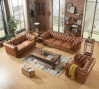 Classic Leatherette Chester Sofa Set Button Tufted, Classic Style Sofa Set 6-Person Sofa for Living Room, Office, and Hallway Colour (Brown Leatherette, 3+2+1=6 Seater Sofa)
