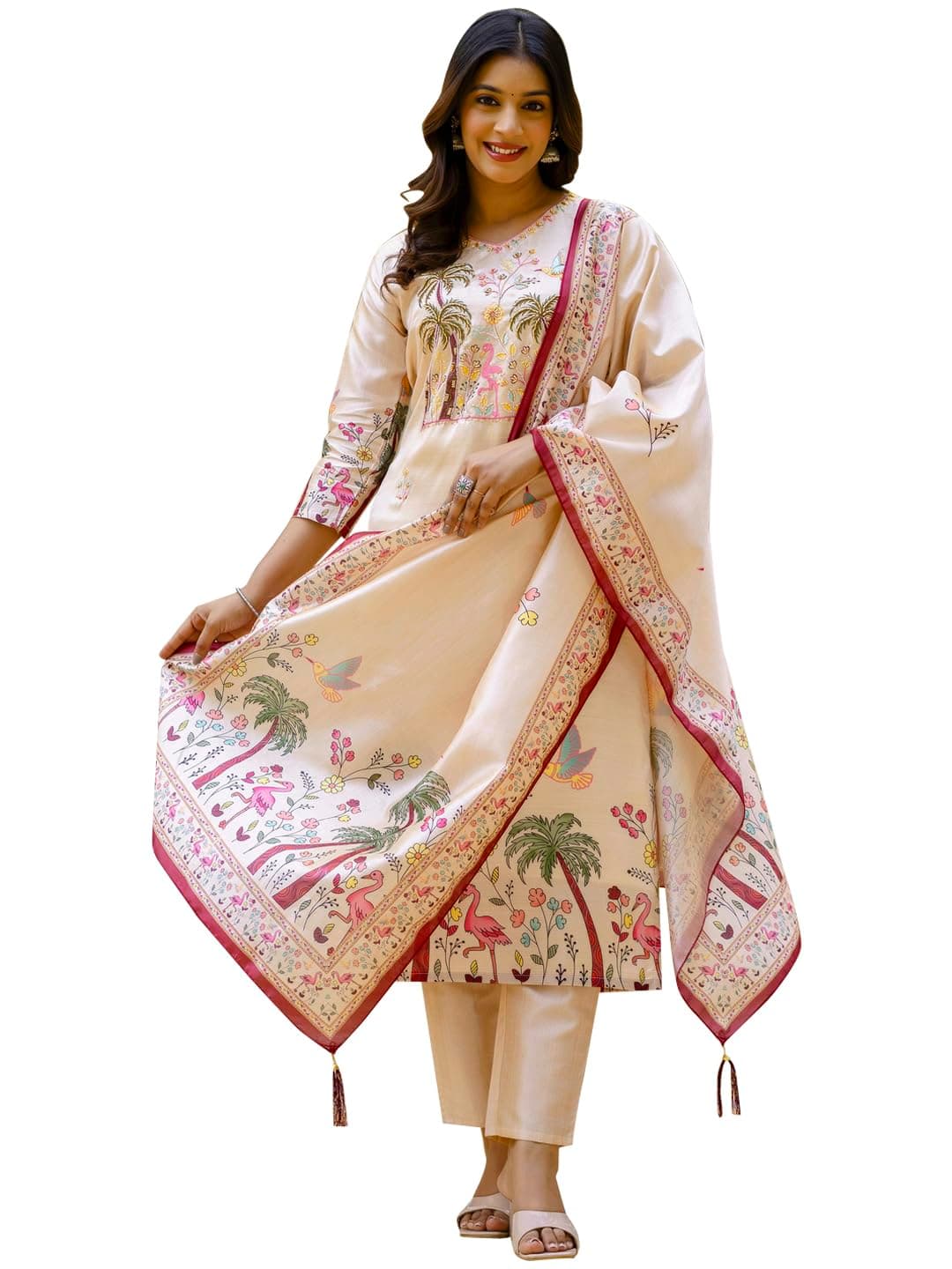 VredeVogel Women's Viscose Silk Blend Straight Kurta Pant Set with Printed Dupatta for Festive & Casual Ethnic Kurta Sets