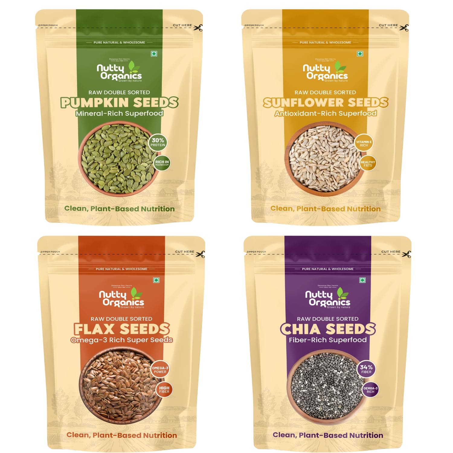 Nutty Organics Premium Super Seeds Combo 800g (4 x 200g) | Super Cleaned & Double Sorted | Carefully Selected Harvest | Chia, Flax, Pumpkin & Sunflower Seeds | Protein, Fiber & Omega-3 Rich