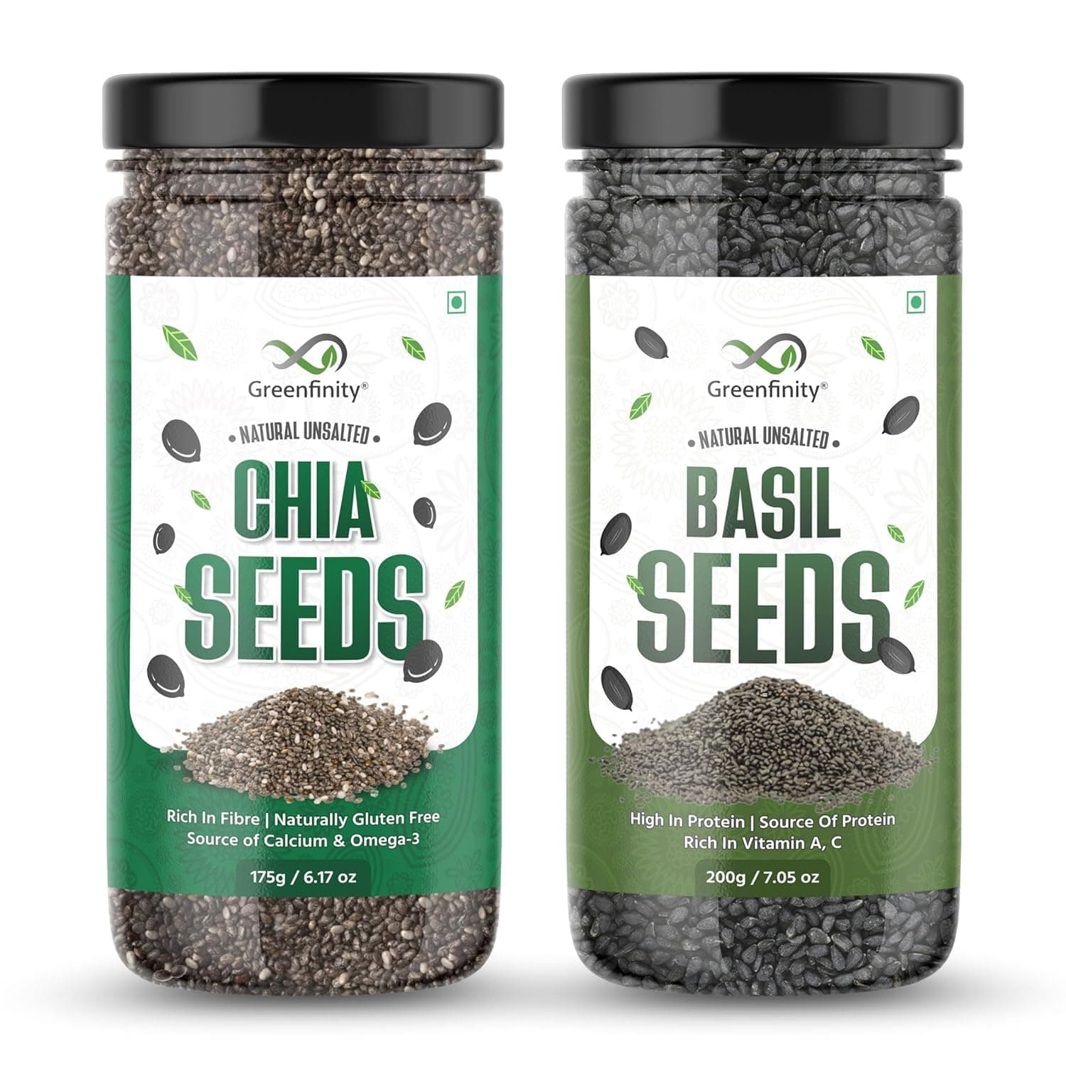 GreenFinity Best Seeds Combo 375g (Pack of 2) – 200g Basil (Sabja) Seeds & 175g Chia Seeds for Weight Loss, Digestive Health, and Nutrient Boost