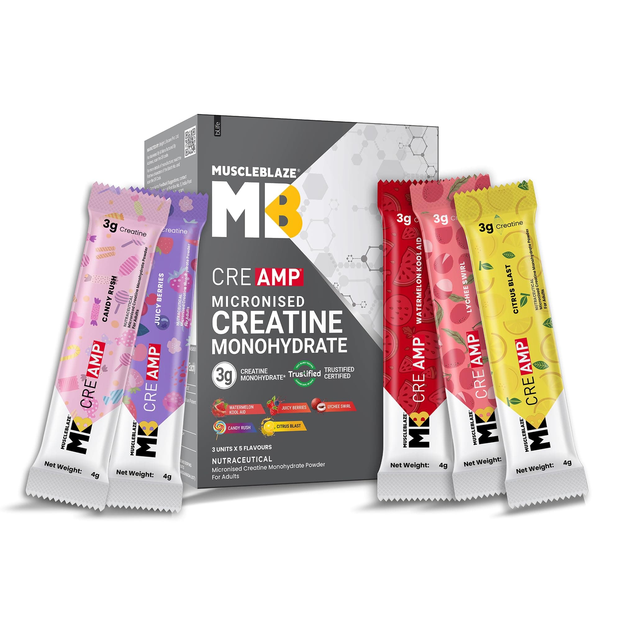 MuscleBlaze Micronised Creatine Monohydrate CreAMP Powder Assorted Flavours (15 Sachets, 4g Each) – Citrus Blast, Watermelon Kool Aid, Juicy Berries, Candy Rush & Lychee Swirl | Travel Pack | Trustified Certified Creatine