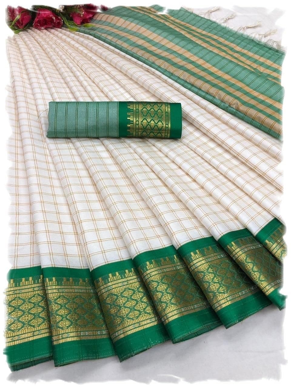 Pandadi Saree Women's Cotton Silk Checkered Saree With Unstitched Blouse Piece