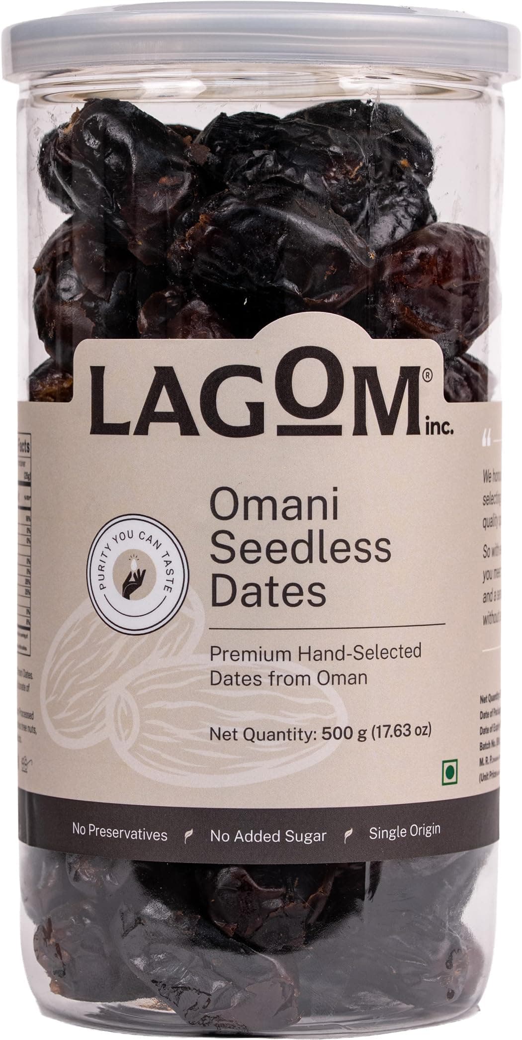 Lagom Omani Seedless Dates 500g | Premium Pitted Khajoor from Oman | Soft, Naturally Sweet & Convenient | No Added Sugar, No Preservatives | Vegan, Gluten Free, Non-GMO