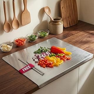 Stainless Steel Chopping Board with Lip | 42 x 32 cm | Heat-Resistant up to 200°C | Reversible, Food-Grade Steel Cutting Board | Free 2 Steel Straws | Medium