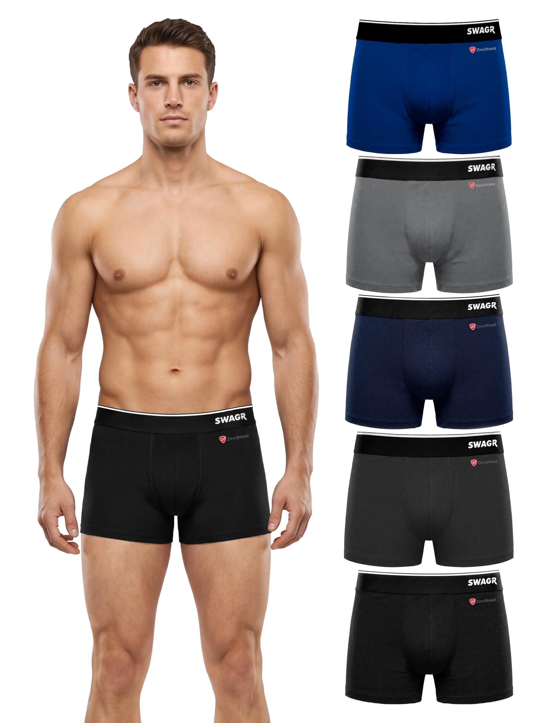 SWAGR 5 Pack Men's Super Combed Cotton Underwear Trunks | Classic TruComfort Fit | Powered by ZincShield Anti-Bacterial Tech | Aerflo Breathability | 4-Way FlexStretch | SOXCO Style SG05