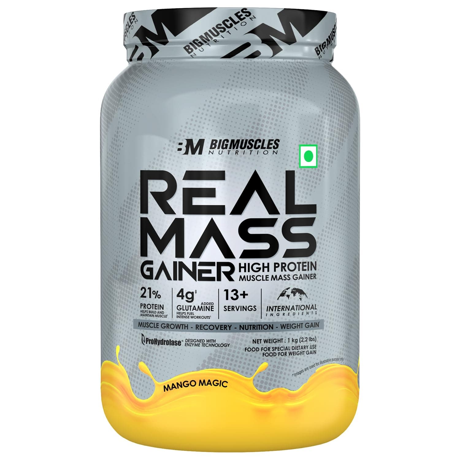 Bigmuscles Nutrition Real Mass Gainer [1Kg,Mango Magic]|Lean Whey Protein Muscle Mass Gainer|Complex Carbohydrates,|1000 Calories|Reduces Muscle Breakdown|Boosts Metabolism,1 Count,75 Grams
