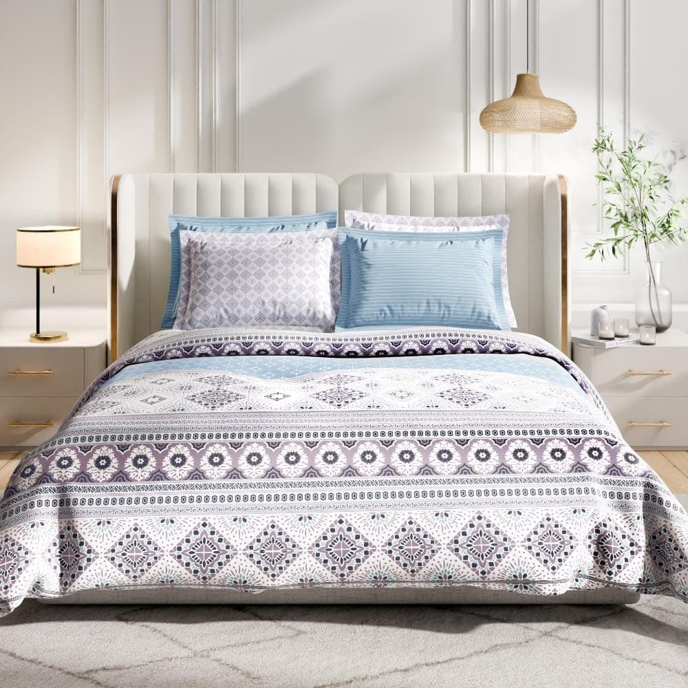 Wakefit Cotton Fitted Bedsheet | 300 TC Elastic Fitted Sheet, Queen Bed Bedsheet Geometric With 2 Pillow Covers | Gabriel - 75X60 Inches,Assorted