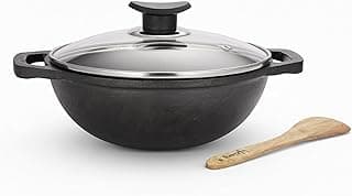 Lifelong Cast Iron Kadhai 24cm with Glass Lid & Wooden Spatula | 3.3L, 2.4kg | Pre-Seasoned, Even Heat Distribution, Toxin & Teflon Free, Non-Stick, & Durable | Gas & Induction Stovetop Compatible