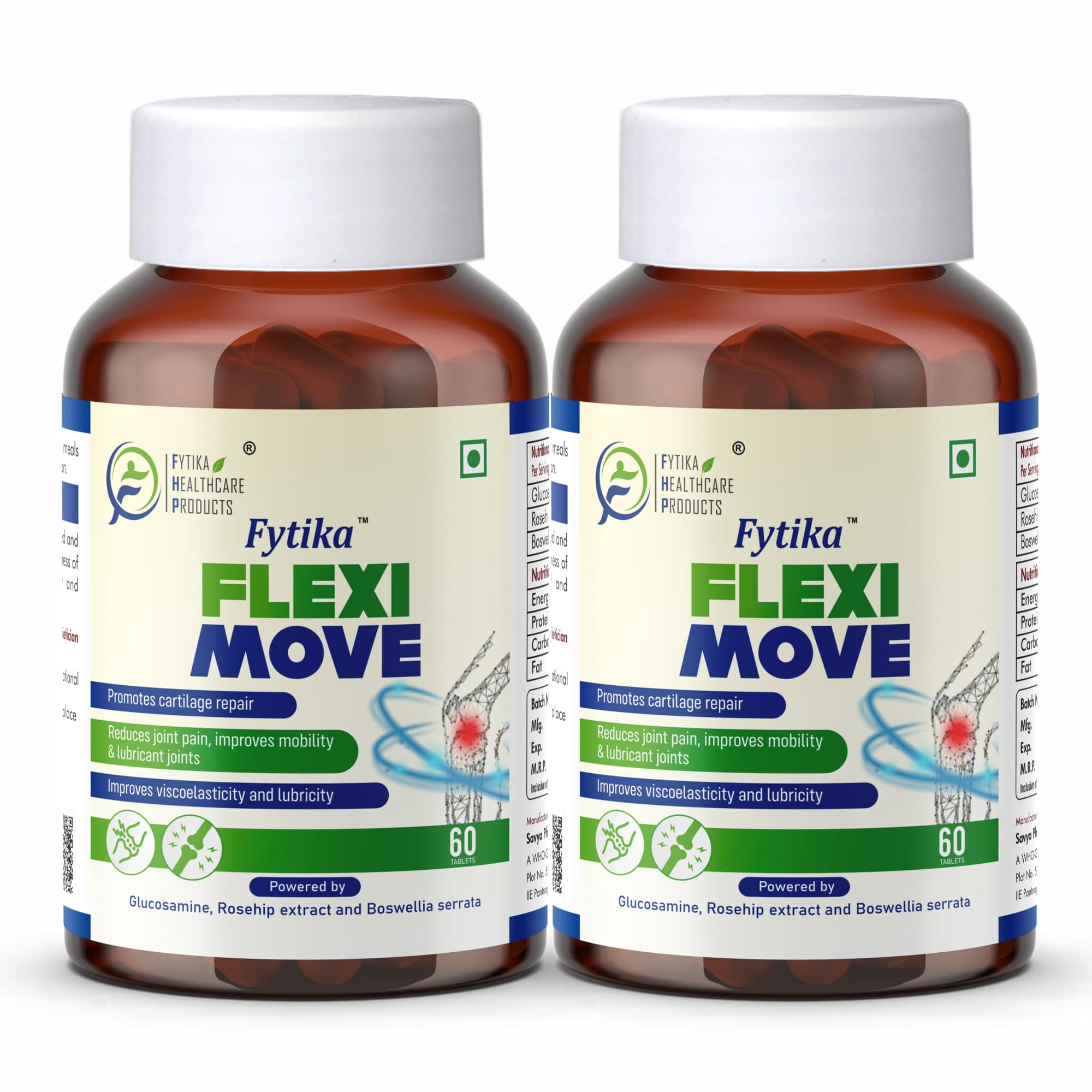 FYTIKA Flexi Move (Pack of 2)- 120 Tablets | Glucosamine, Rosehip Powder extract, Boswellia Extract | Supports Your Bones and Joint Health | For Men and Women