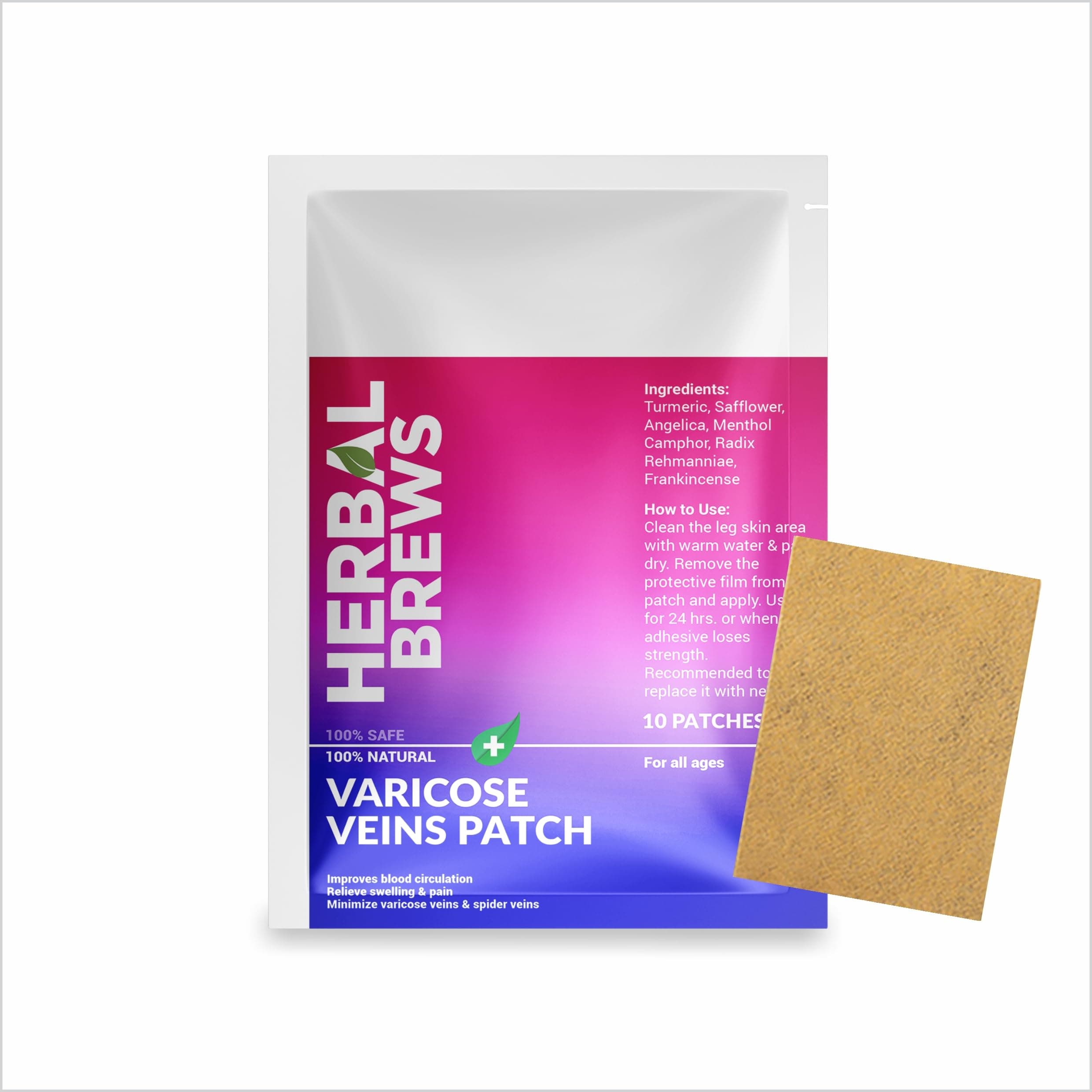Herbal Brews - Varicose Veins Patches with Turmeric & Natural Ingredients for Instant Relief | Smoothening Veins, Reduce Swelling & Relieve Pain Reduces Cramps, Itching & Swelling | Improve Blood Circulation - 10 Patches