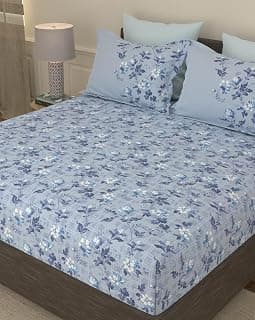 Portico New York Super King Size Flat 100% Cotton Super Soft Bedsheet with 2 Pillow Covers Glory (Blue)
