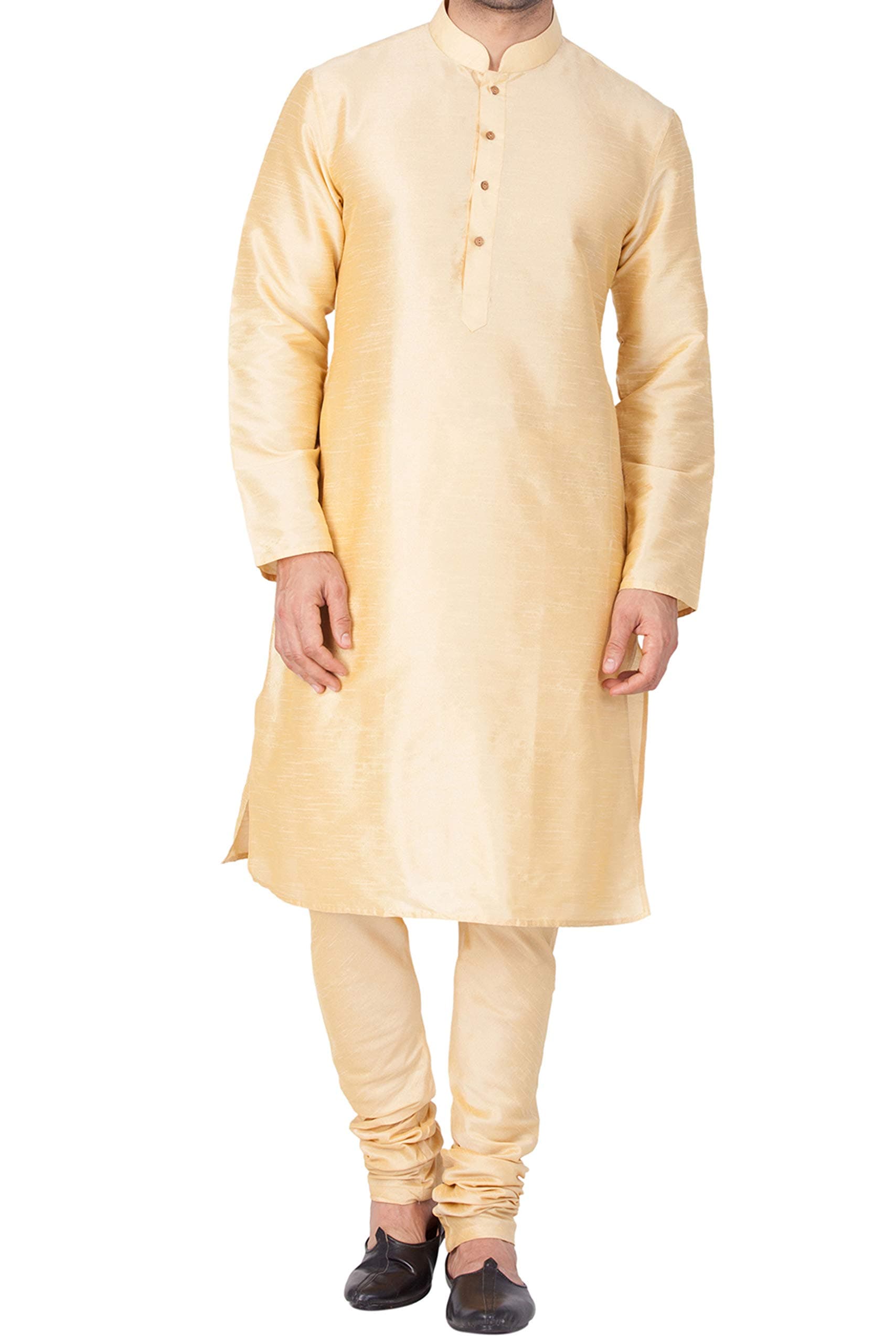 Vastramay Men's Yellow Silk Blend Banarasi Kurta, Full Sleeve, Mandarin Neck, Regular Fit, Festive, Soft Comfortable Feel, Solid Design for Traditional Occasions