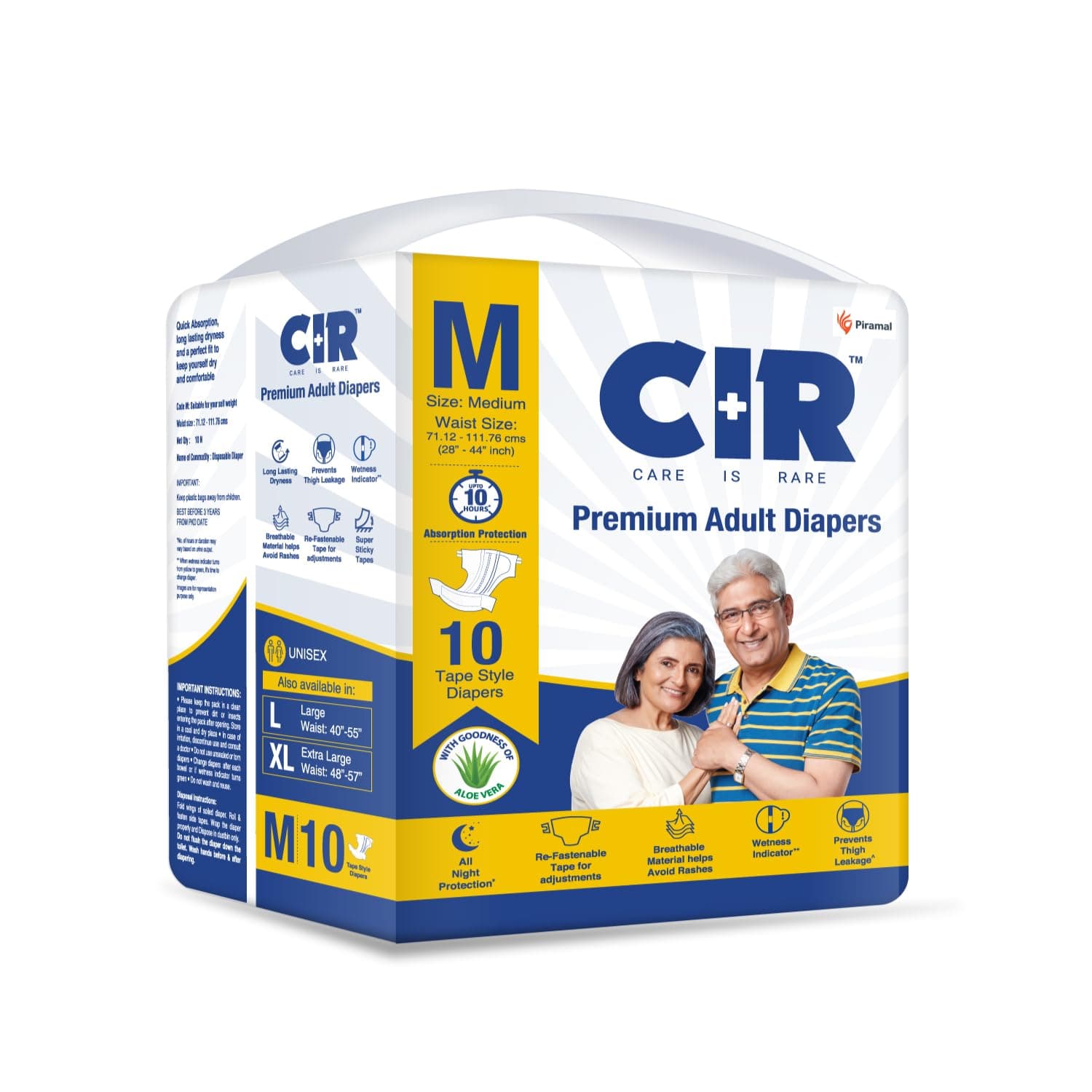 CIR Premium Adult Diaper - Tape Style | All Night Protection with Aloe Vera | Medium (M) Size | Waist (71-111cm|28"-44") | 10 Units