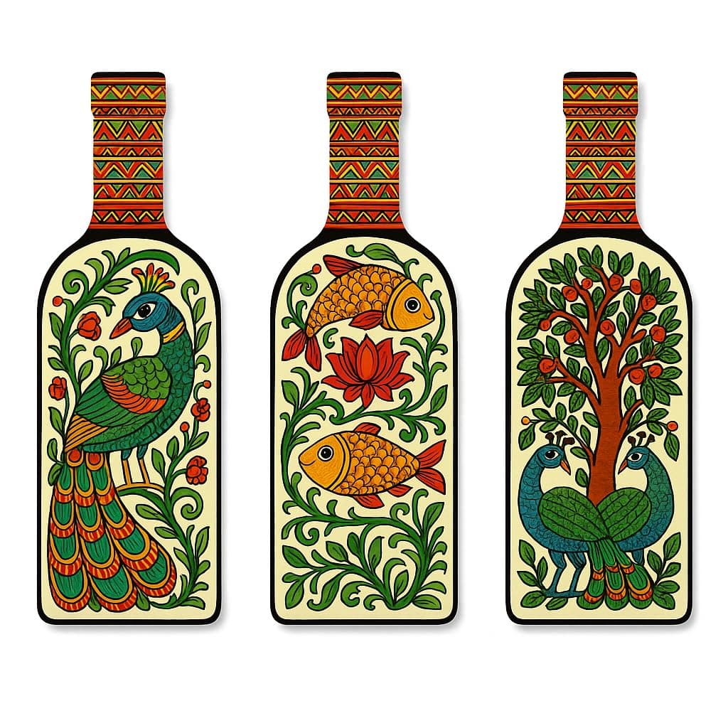 GENXTRA Madhubani-art bottles Wooden Wall Hanging for Home Decor | Decoration Items for Home | Art Item for Office | Decorative Mdf Wall Hanging (BH3-06)