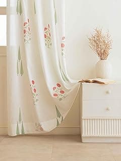 Clasiko Block Print Sheer Door Curtains; 40% Light Filtering Linen Textured Curtains with Eyelets; Set of 2; 54x84 Inches/ 7 Feet; Elysian Blossom