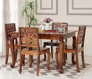 THE WOODEN CITY Solid Sheesham Wood Dining Table 4 Seater Dining Table Set with 4 Chairs Dinner Table Set for Dinning Room Home & Hotel and Office|Modern Dining Room Set (Natural Walnut, 4 Seater)