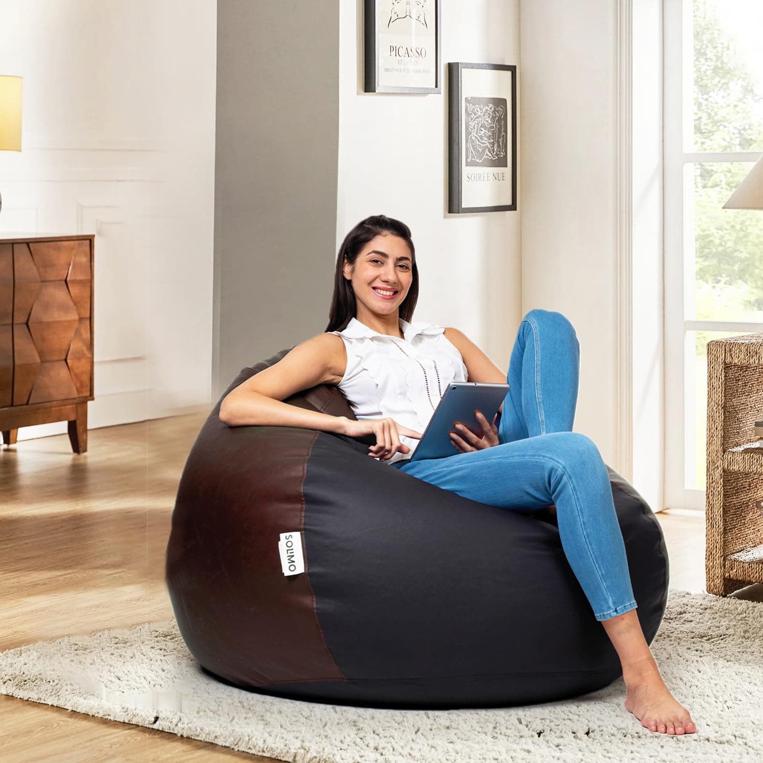 Amazon Brand - Solimo Premium Faux Leather Bean Bag Filled with Beans | Highly Durable, Resistant to Wear and Tear | Capacity: Up to 6' Height, 100 Kg, 2 XL | Black & Brown