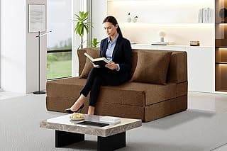 Los Angeles Foldable Two Seater Sofa Cum Bed, Sofa Bed 4 X 6 Feet, Jute Fabric Washable Cover Including Two Cushion Perfect for Living Room & Office, Guest Room - Brown Color