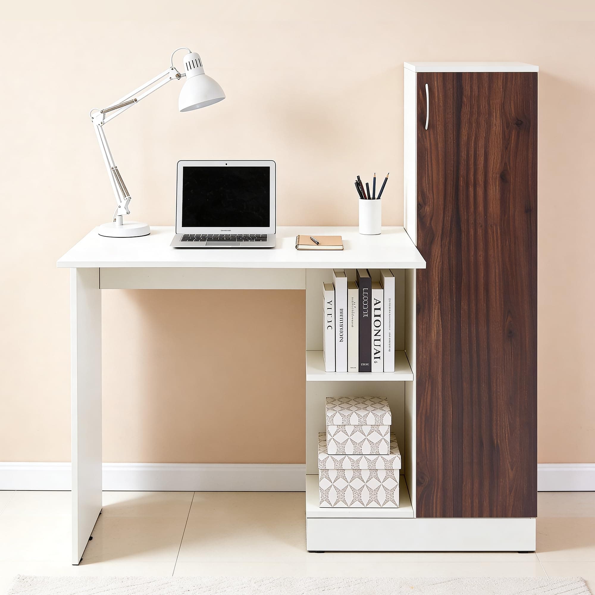 Green Soul Arrakis Study Table with Book Shelf & Cabinet, IS-3087 Engineered Wood, Sturdy Built, Computer/Writing Desk for Home, Adults & Students, White & Walnut, 3 Year Warranty